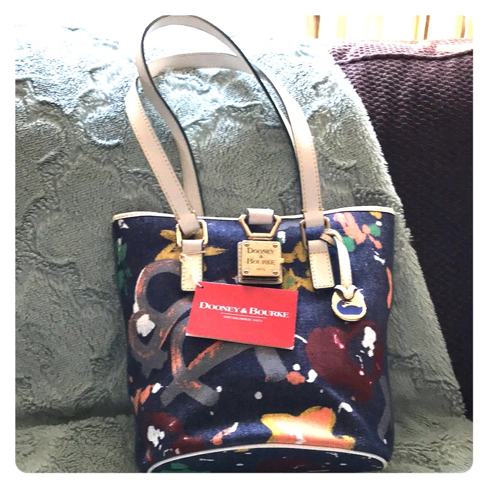 NWT Dooney & Bourke Denim painted purse White trim